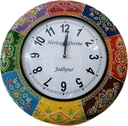 Wooden Flore Unique Multicolor Design Wall Clock Round Handcrafted Handpainted Rajasthani Showpeace Wall Clock 18 * 18 (g258)