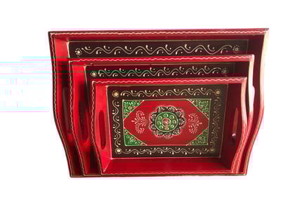 Wooden Serving Tray Rajasthani Embossed Hand Painting for Tea Coffee Snacks Kitchen Dessert Platter Set of 3 (Standard, Red)