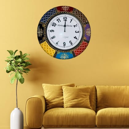 Wooden Flore Unique Multicolor Design Wall Clock Round Handcrafted Handpainted Rajasthani Showpeace Wall Clock 18 * 18 (a265)