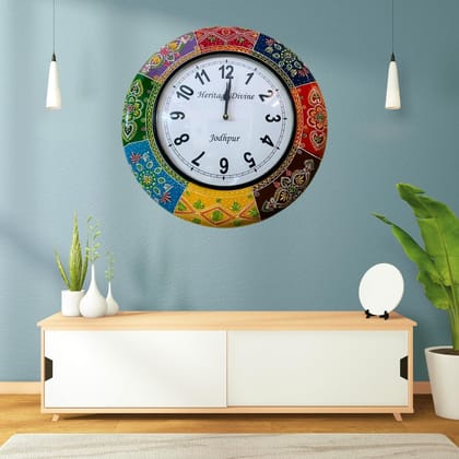 Wooden Flore Unique Multicolor Design Wall Clock Round Handcrafted Handpainted Rajasthani Showpeace Wall Clock 18 * 18 (g258)