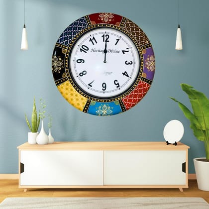 Wooden Flore Unique Multicolor Design Wall Clock Round Handcrafted Handpainted Rajasthani Showpeace Wall Clock 18 * 18 (a265)