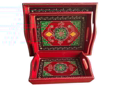 Wooden Serving Tray Rajasthani Embossed Hand Painting for Tea Coffee Snacks Kitchen Dessert Platter Set of 3 (Standard, Red)